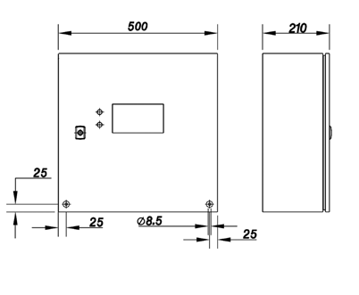PRESSKIT 控制箱尺寸圖：寬 500、深 210